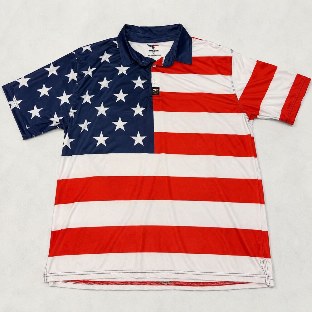 Eagle Six Gear American Flag Golf Polo Shirt Mens XL Red White Blue Patriotic